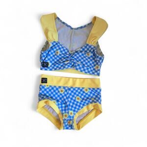 Kandi Kouture Girls Dance Two Piece Outfit Blue Gingham Daisy Shorts 5/6 Top 7/8